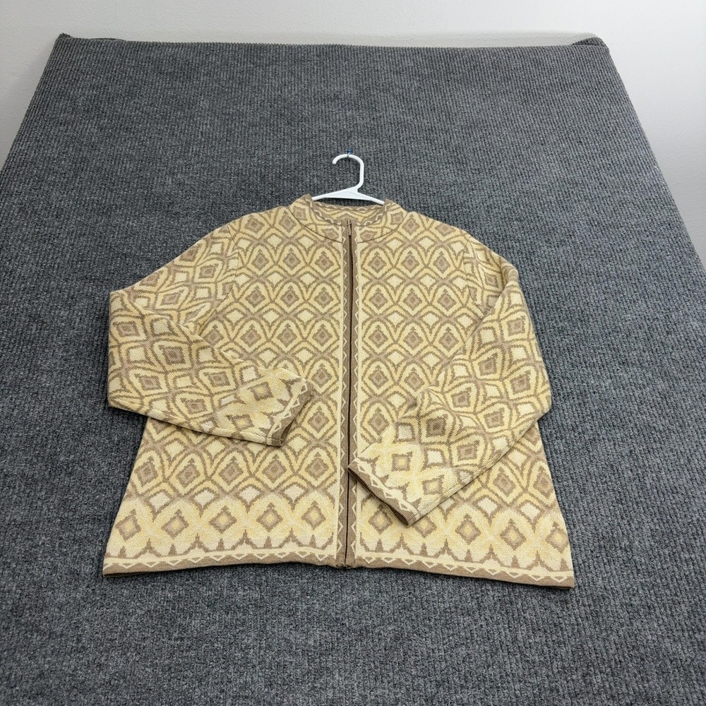 Pendleton Cardigan Womens Large Tan Merino Wool Full Zip Diamond Pattern Classic